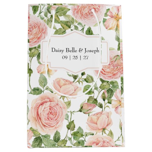 Elegant Floral Botanical Rose Pink Wedding Mittlere Geschenktüte (Vorderseite)