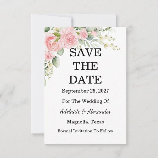 Elegant Floral Botanical Rose Pink Wedding Save The Date (Vorderseite)