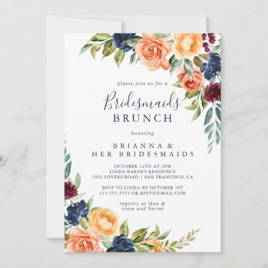 Elegant floral Bridesmaids Brunch Dusche Einladung (Vorderseite)