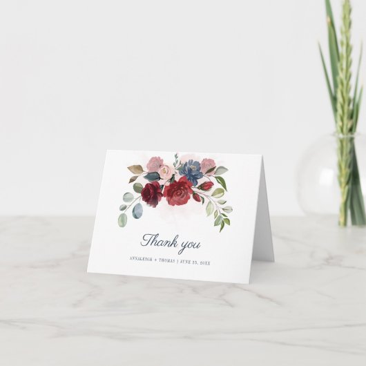Elegant Floral Burgundy Eucalyptus Wedding Dankeskarte (Vorderseite)