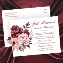Elegant floral Burgundy Peony Just Married Wedding