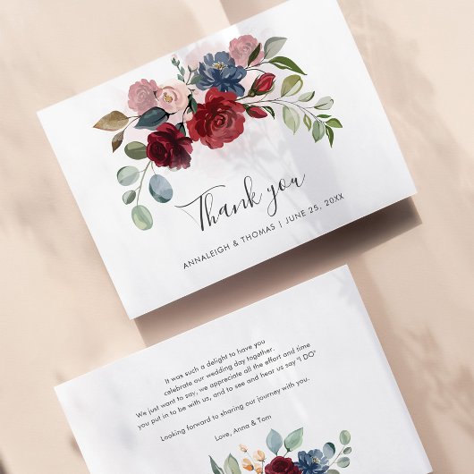 Elegant floral Burgundy Script Wedding Vielen Dank Mitteilungskarte