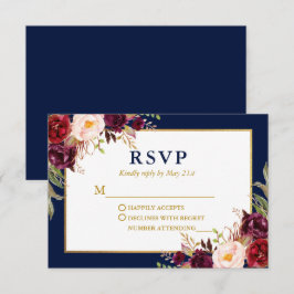 Elegant Floral Burgundy Wedding Blue Gold RSVP Karte