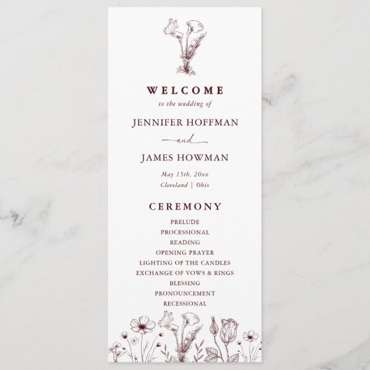 Elegant Floral Burgundy Wedding Programm (Vorderseite)