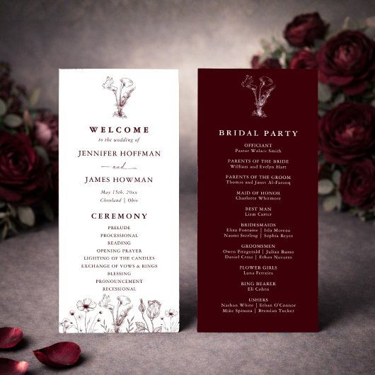 Elegant Floral Burgundy Wedding  Programm