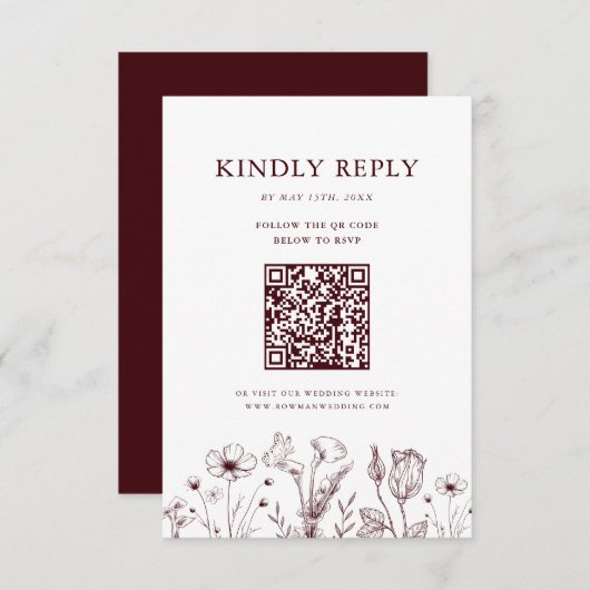 Elegant Floral Burgundy Wedding QR Code RSVP Karte (Vorne/Hinten)