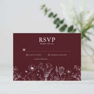 Elegant Floral Burgundy Wedding RSVP Karte