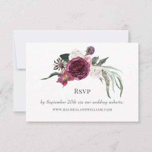 Elegant Floral Burgundy Wedding RSVP Karte (Vorderseite)