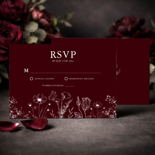 Elegant Floral Burgundy Wedding  RSVP Karte
