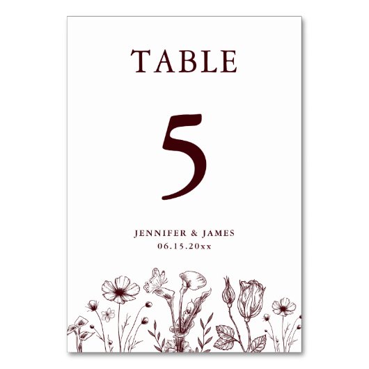 Elegant Floral Burgundy Wedding  Tischnummer (Rückseite)