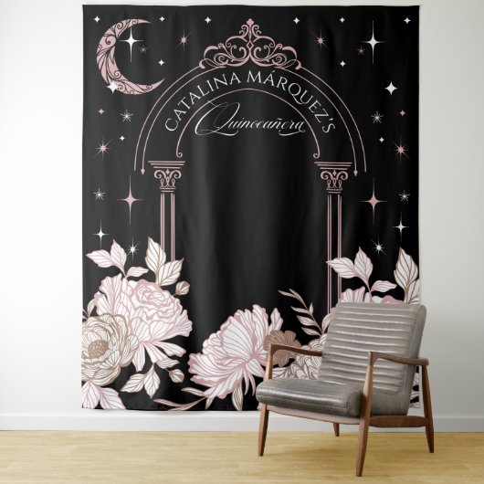 Elegant floral Celestial Moon Stars Quinceañera Wandteppich (Beispiel)