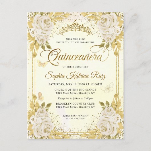 Elegant Floral Champagne Gold Tiara Quinceañera Postkarte (Vorderseite)