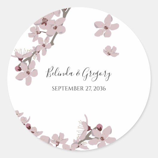 Elegant Floral Cherry Blossom Hochzeit Runder Aufkleber (Vorderseite)