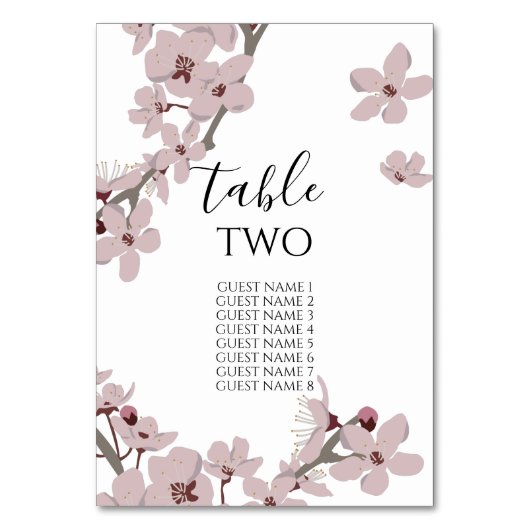 Elegant Floral Cherry Blossom Wedding Guest Names Tischnummer (Vorderseite)