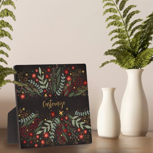 Elegant Floral Christmas Berries Stars Black Fotoplatte