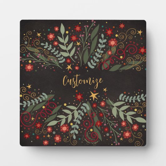 Elegant Floral Christmas Berries Stars Black Fotoplatte (Vorderseite)