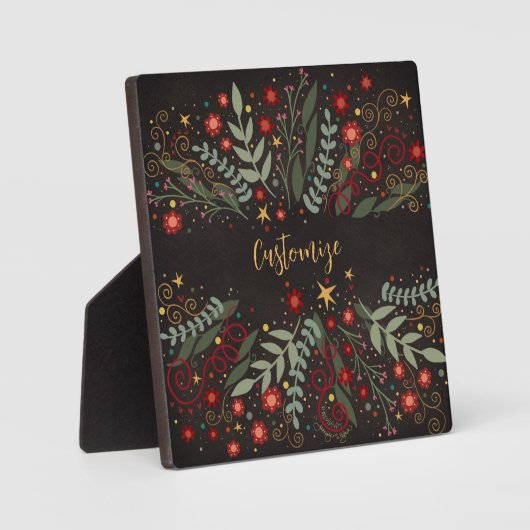 Elegant Floral Christmas Berries Stars Black Fotoplatte (Vorderseite)