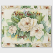 Elegant Floral Christmas Magnolia Blume Roter Name Geschenkpapier (Flach)