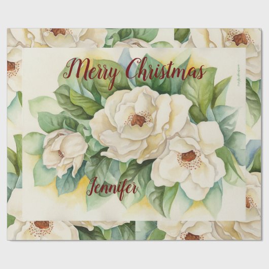 Elegant Floral Christmas Magnolia Blume Roter Name Geschenkpapier (Flach)