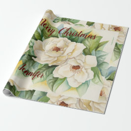 Elegant Floral Christmas Magnolia Blume Roter Name Geschenkpapier