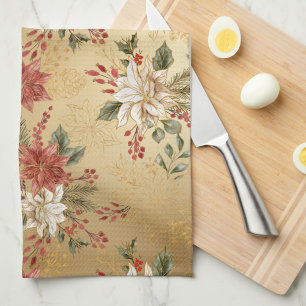 Elegant Floral Christmas Poinsettia Beige Geschirrtuch