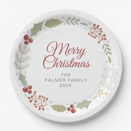 Elegant Floral Christmas Wreath Family Custom Name Pappteller (Vorderseite)