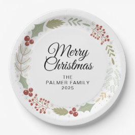 Elegant Floral Christmas Wreath Family Custom Name Pappteller