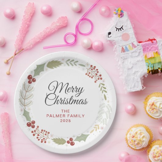 Elegant Floral Christmas Wreath Family Custom Name Pappteller (Party)