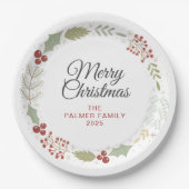 Elegant Floral Christmas Wreath Family Custom Name Pappteller (Vorderseite)
