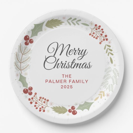 Elegant Floral Christmas Wreath Family Custom Name Pappteller (Vorderseite)