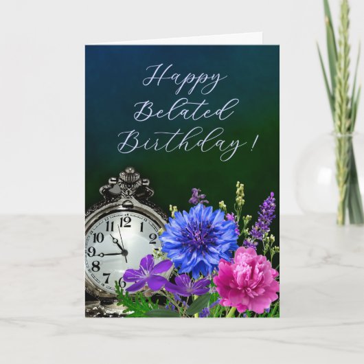 Elegant Floral Clock Belated Birthday Card Karte (Vorderseite)