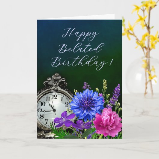 Elegant Floral Clock Belated Birthday Card Karte (Gelbe Blume)