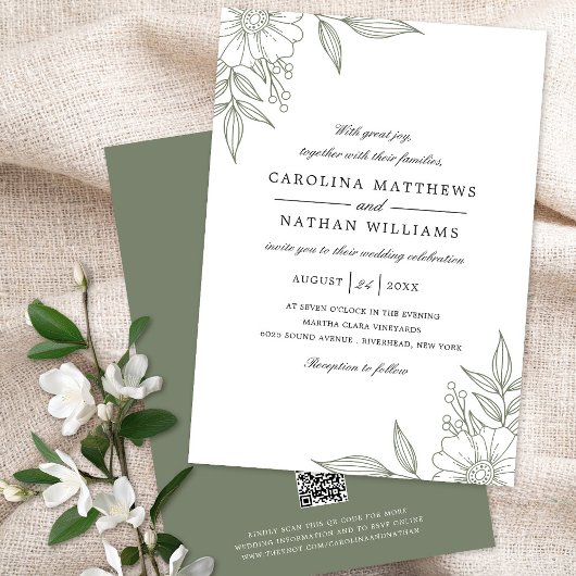 Elegant Floral Corners Wedding Sage Green QR Code Einladung