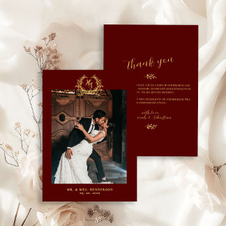 Elegant Floral Crest Burgundy Gold Dankeskarte