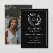 Elegant Floral Crest Monogram Photo Einladung (Vorne/Hinten)