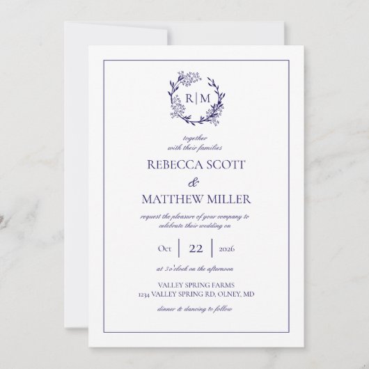 Elegant Floral Crest Monogram Wedding Einladung (Vorderseite)