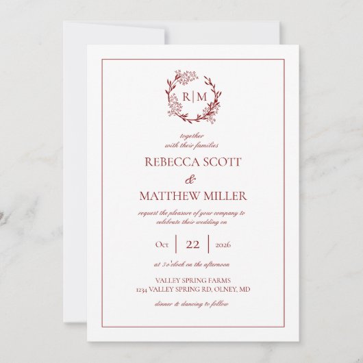 Elegant Floral Crest Monogram Wedding Einladung (Vorderseite)