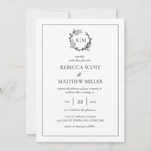 Elegant Floral Crest Monogram Wedding Einladung (Vorderseite)