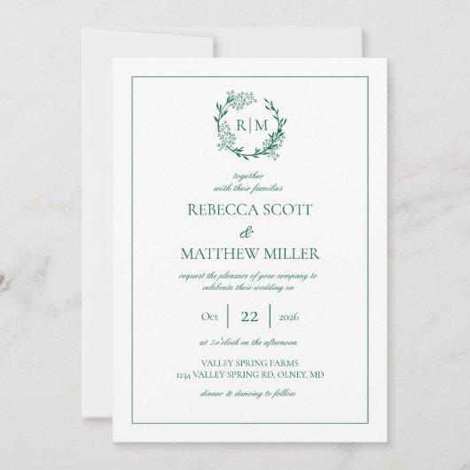 Elegant Floral Crest Monogram Wedding Einladung (Vorderseite)