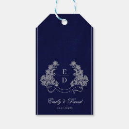 Elegant Floral Crest Navy Monogram Wedding Geschenkanhänger