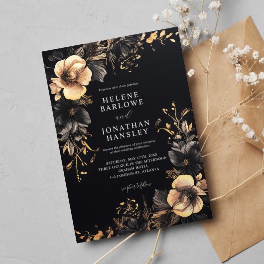 Elegant Floral Dark Moody Gothic Wedding Einladung