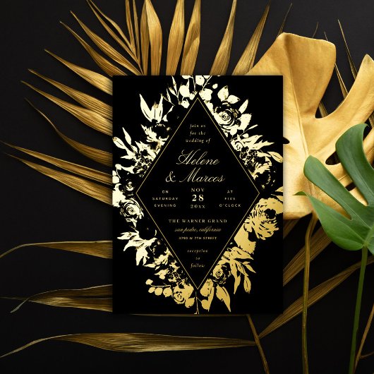 Elegant floral Diamond Wedding Black Gold Folieneinladung