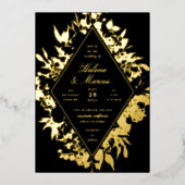 Elegant floral Diamond Wedding Black Gold Folieneinladung (Vorderseite)