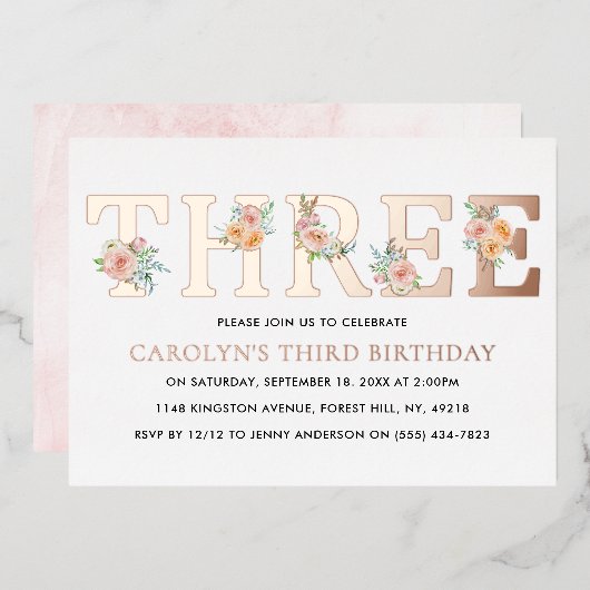 Elegant Floral DREE 3. Geburtstag Real Folieneinladung (Vorderseite/Rückseite)