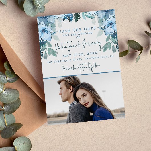 Elegant Floral Dusty Blue Aquamarin Wedding Save The Date
