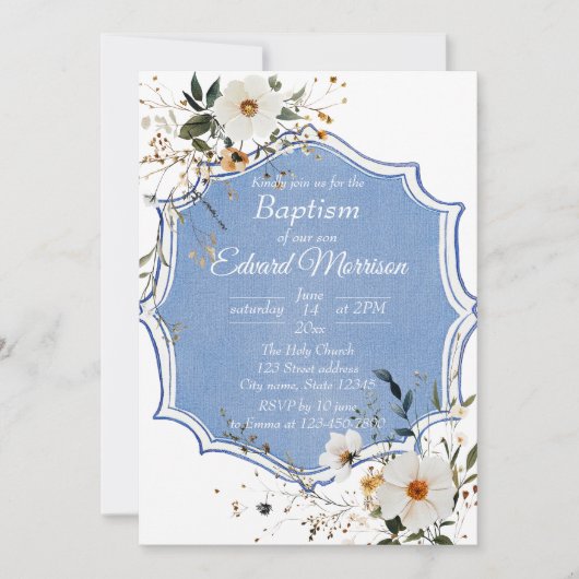 Elegant floral Dusty Blue Baptisse Einladung (Vorderseite)