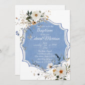 Elegant floral Dusty Blue Baptisse Einladung (Vorne/Hinten)