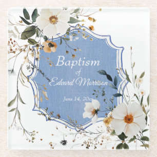 Elegant floral Dusty Blue Baptisse Glasuntersetzer