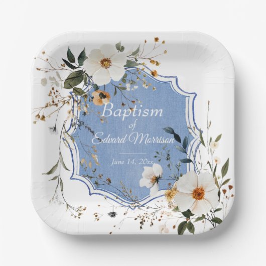 Elegant floral Dusty Blue Baptisse Pappteller (Vorderseite)