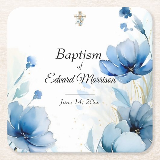 Elegant floral Dusty Blue Baptisse Rechteckiger Pappuntersetzer (Vorderseite)